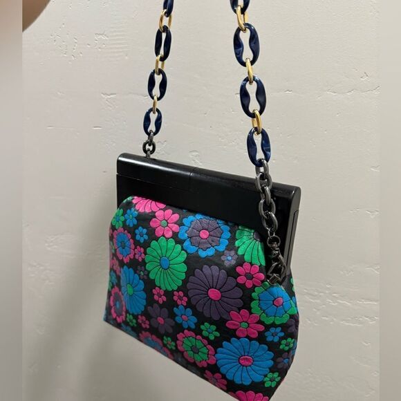 Chic Wood Frame & Leather Floral Print Clutch/Shoulder Bag/Crossbody - Picture 14 of 16